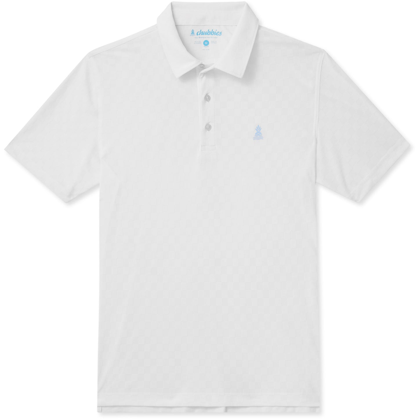 White polo shirt with a small logo on a white background