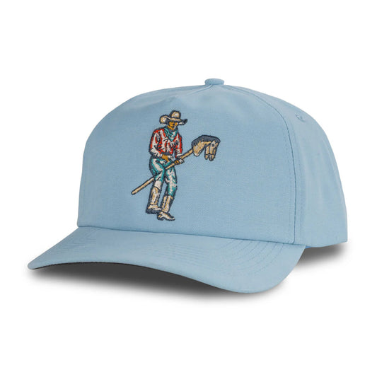 Light blue cap with embroidered design on a white background