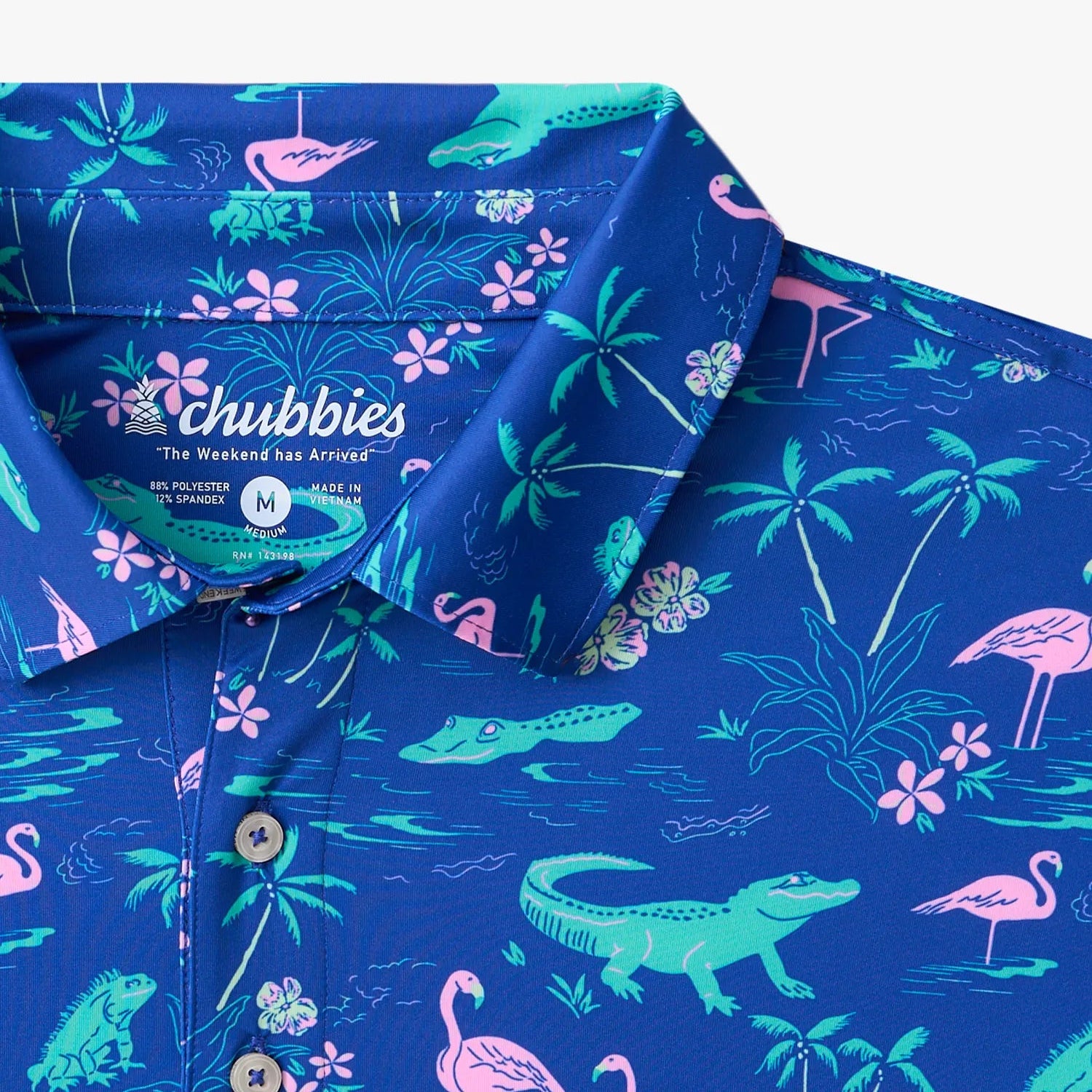 Blue shirt with tropical pattern and 'Chubbies' branding on packaging